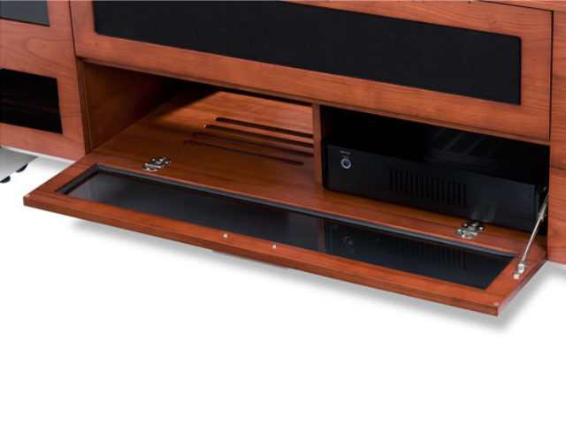 The Avion 8929 media console features a unique flip down front drawer with remote control friendly dark grey glass.