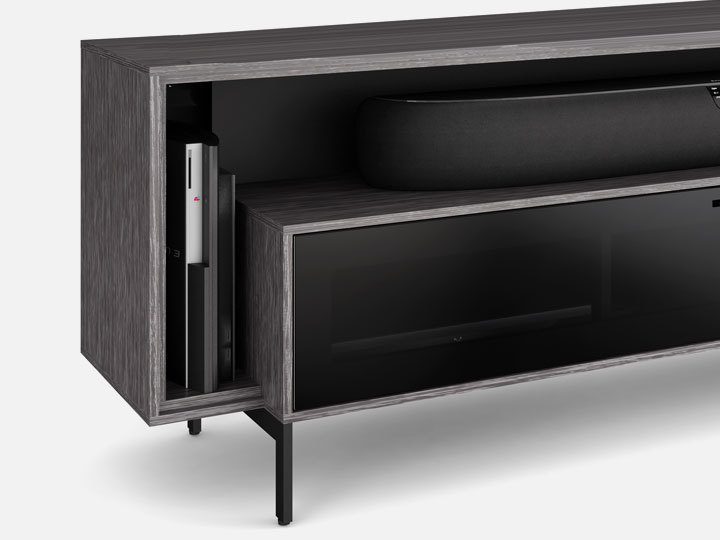The BDI Cavo Collection in walnut featuring soundbar shelf and convenient media storage