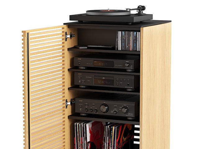 The BDI Corridor Audio Tower in White Oak elegant media cabinet with customizable media and LP storage