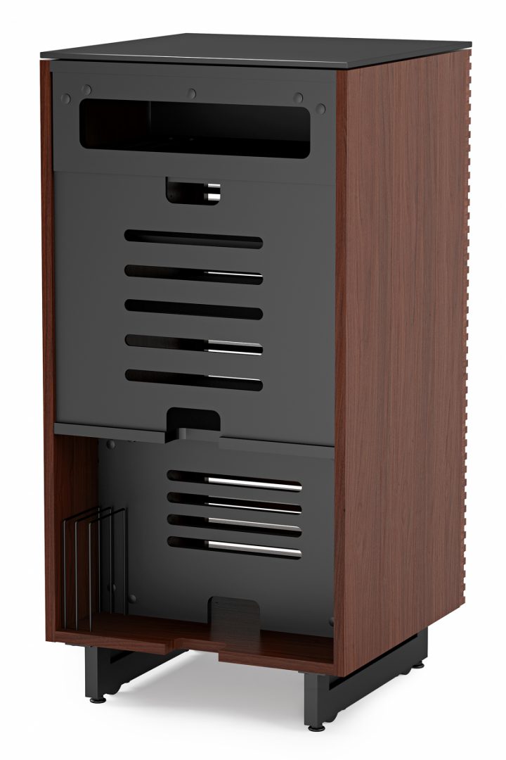 The Corridor Audio Tower in chocolate walnut with ventilated back panels