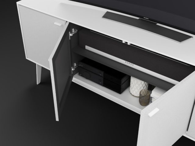 The Flo media console by BDI Furniture features a perfectly positioned soundbar shelf into the design.