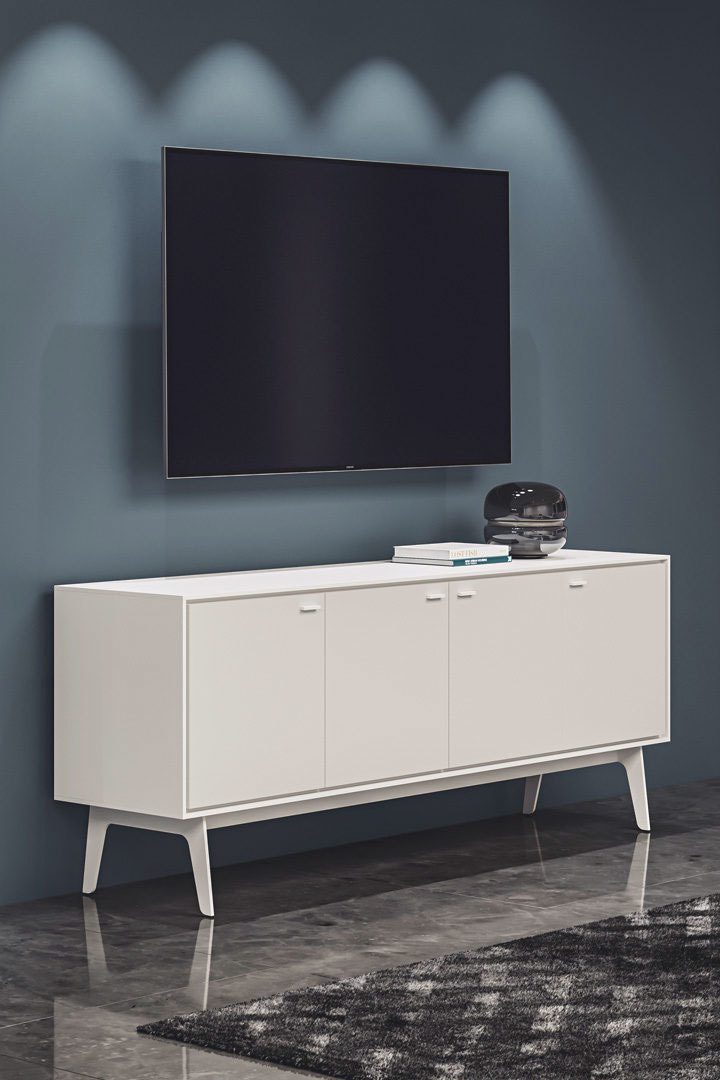The perforated steel doors of the Flo media cabinet by BDI allow remote control signals and sound to easily pass through.
