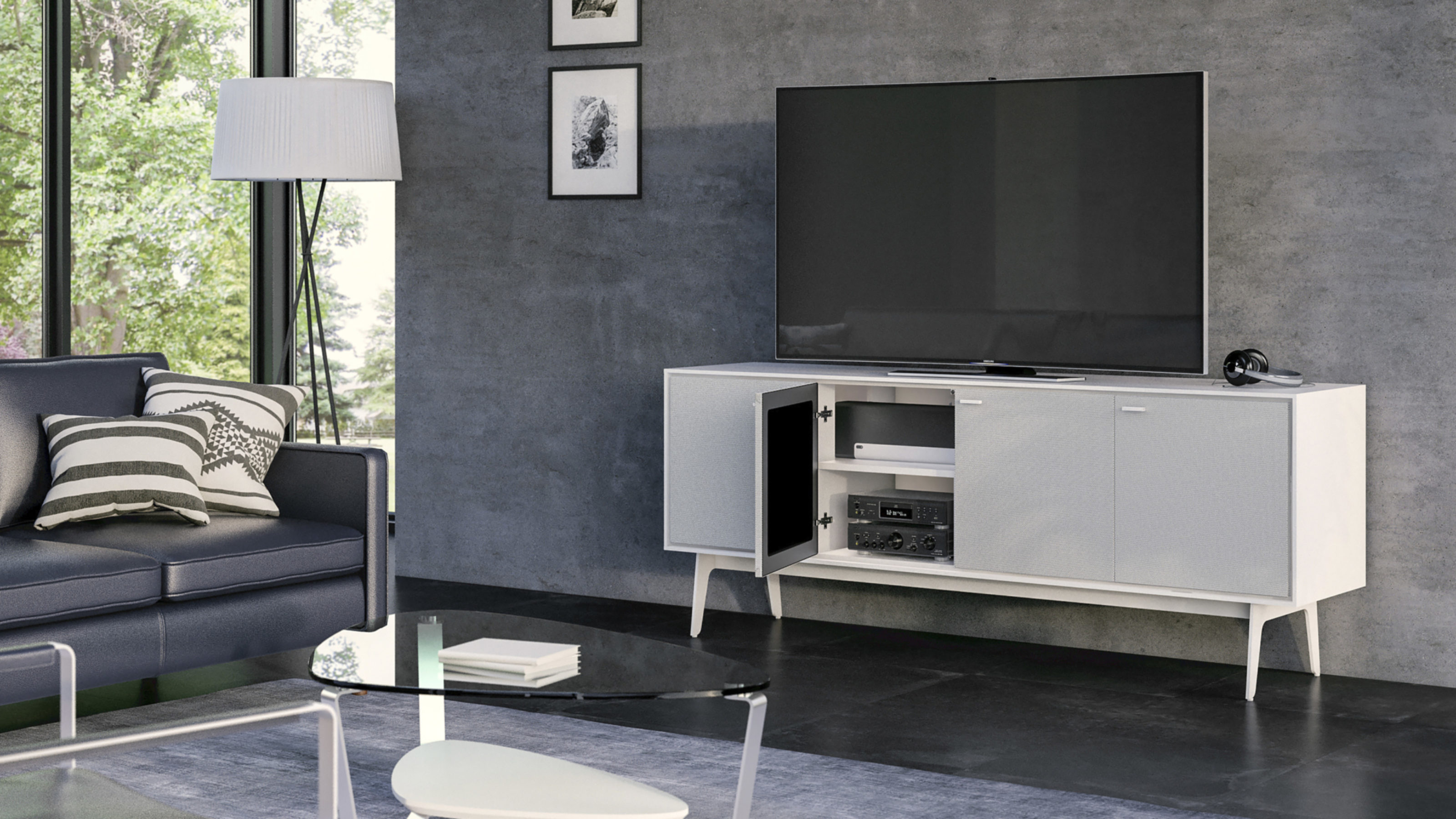 Flo 7279 White Tv Stand Entertainment Console Bdi Furniture