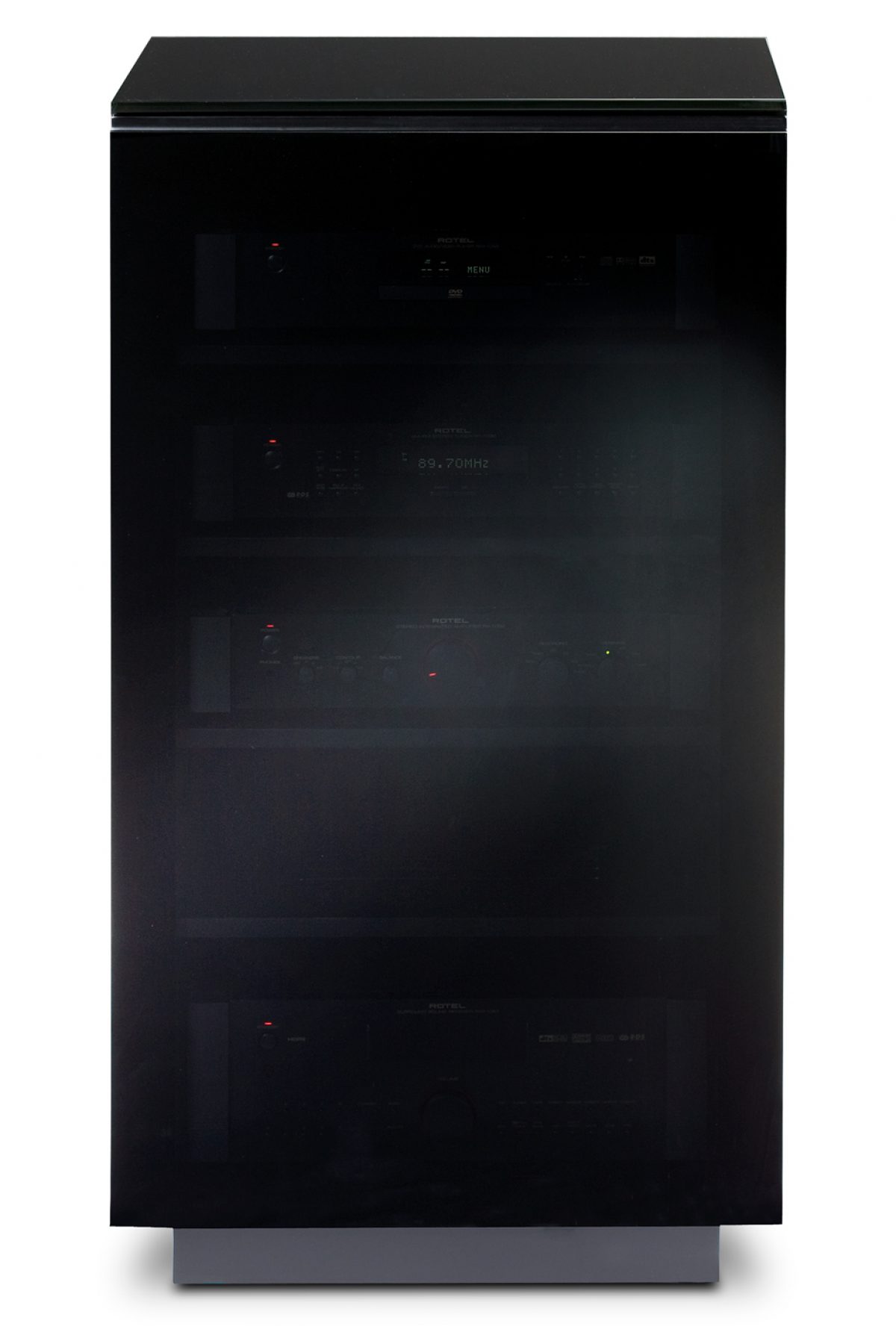 The Mirage Home Theater Cabinet in Black tinted glass doors conceal adjustable media shelving