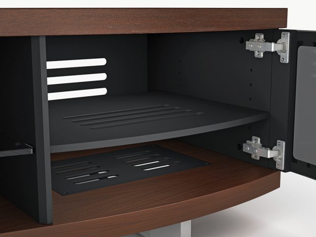 The Ola Curved Media Cabinet in Chocolate by BDI with adjustable media shelving