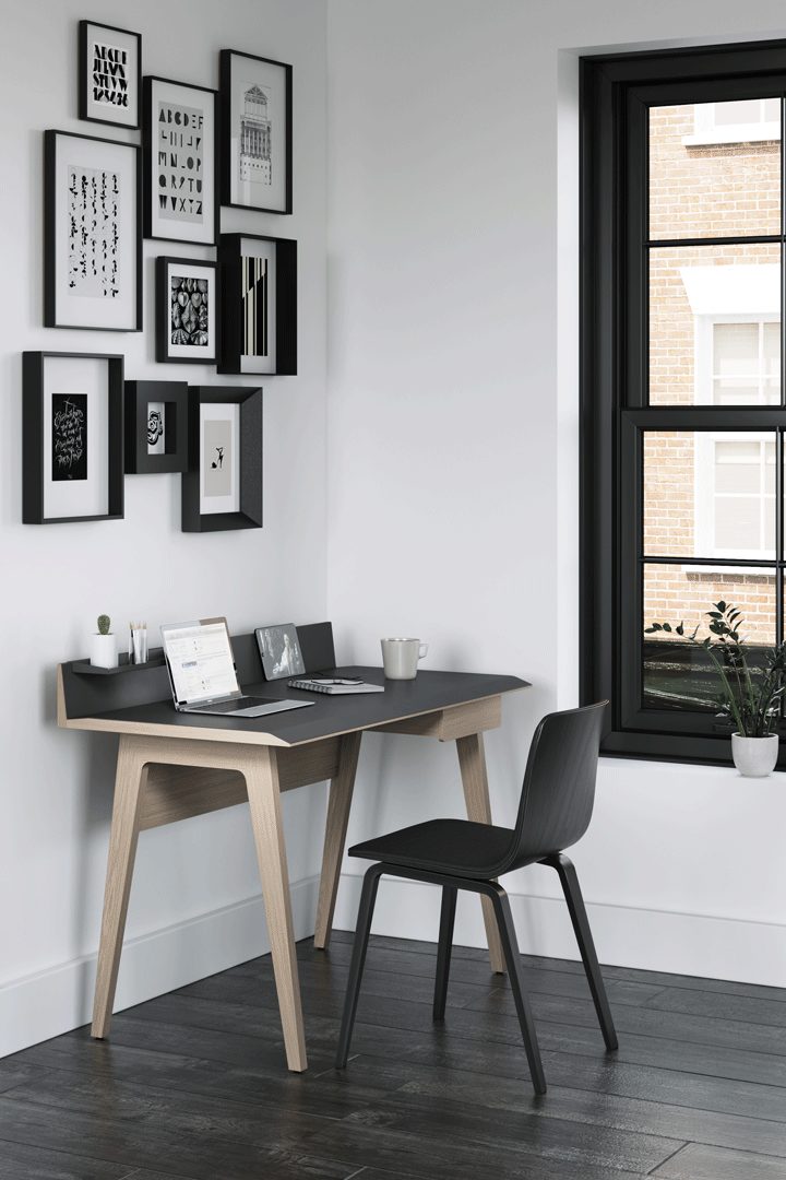 The Bevel Desk by BDI Furniture features an all-natural Forbo linoleum desk surface that is extremely durable and well-suited for a variety of office tasks, including reading, writing, laptop use, and even enjoying lunch at your desk.