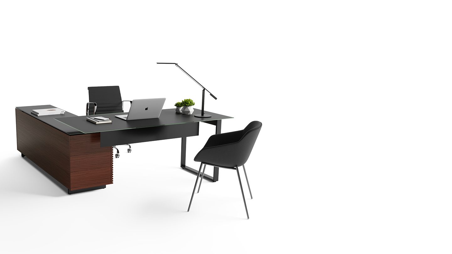 Corridor L shaped desk 6531 BDI modern executive desk chocolate walnut modesty