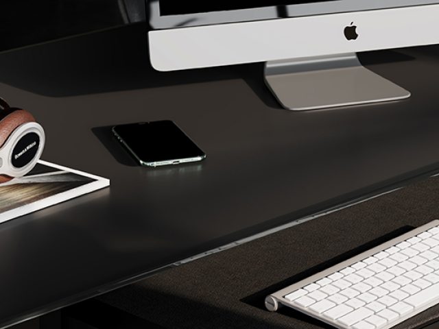 Satin etched matte black tempered glass desktop surface of the BDI Corridor 6531 L-Shaped Desk.