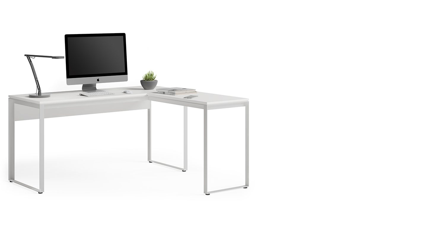 Linea modern white home office desk and return BDI wood top split 3