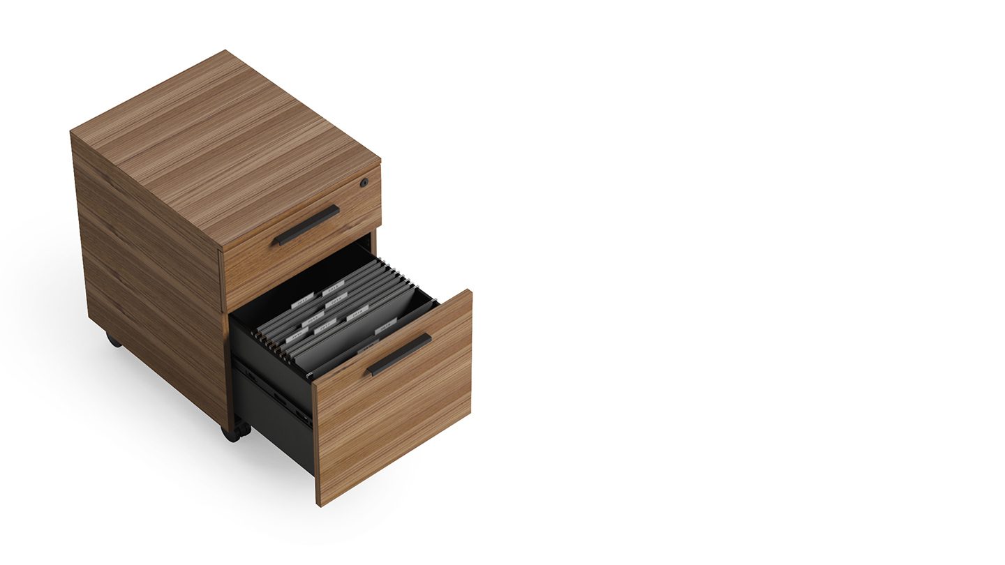 Linea mobile file pedestal 6227 BDI storage cabinet walnut open drawer