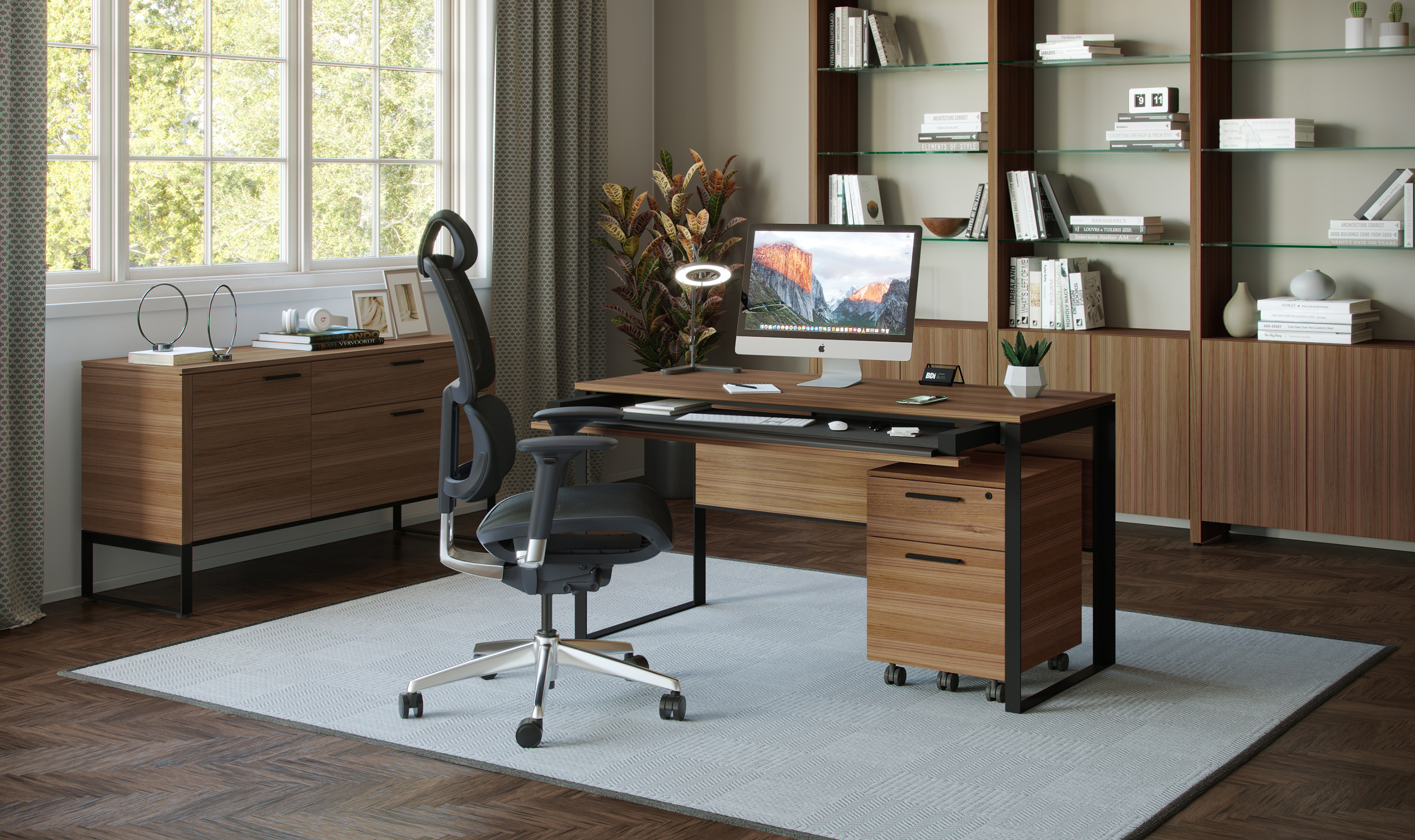 Linea modern home office collection by BDI furniture, shown in Natural Walnut finish.