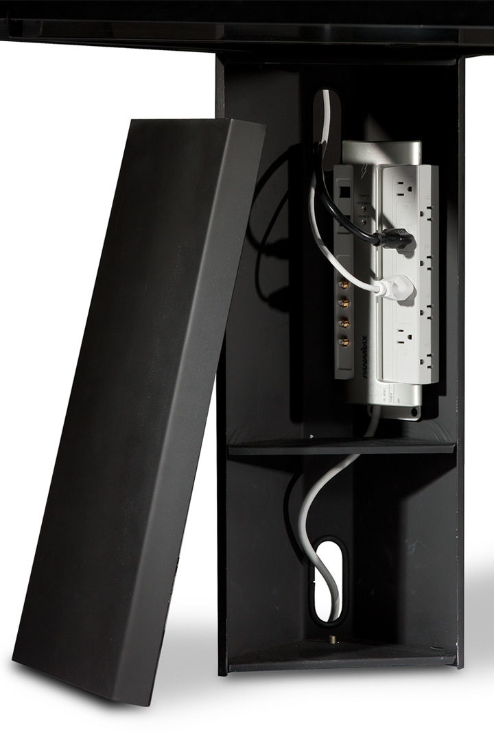 The Sequel Office with power strip compartment concealed by magnetic panel