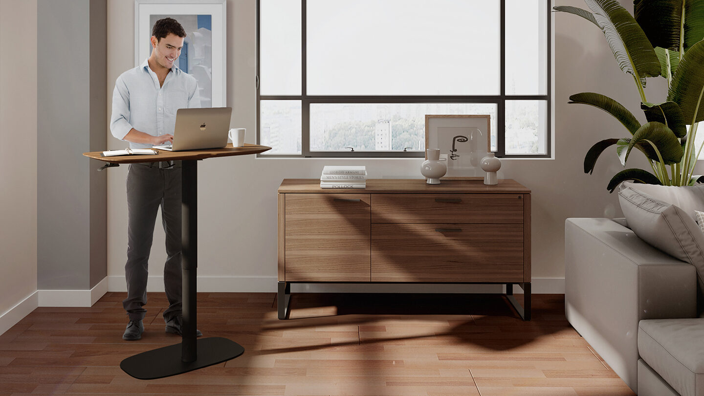 Soma 6331 Compact height adjustable lift Desk BDI furniture walnut lifestyle 1440