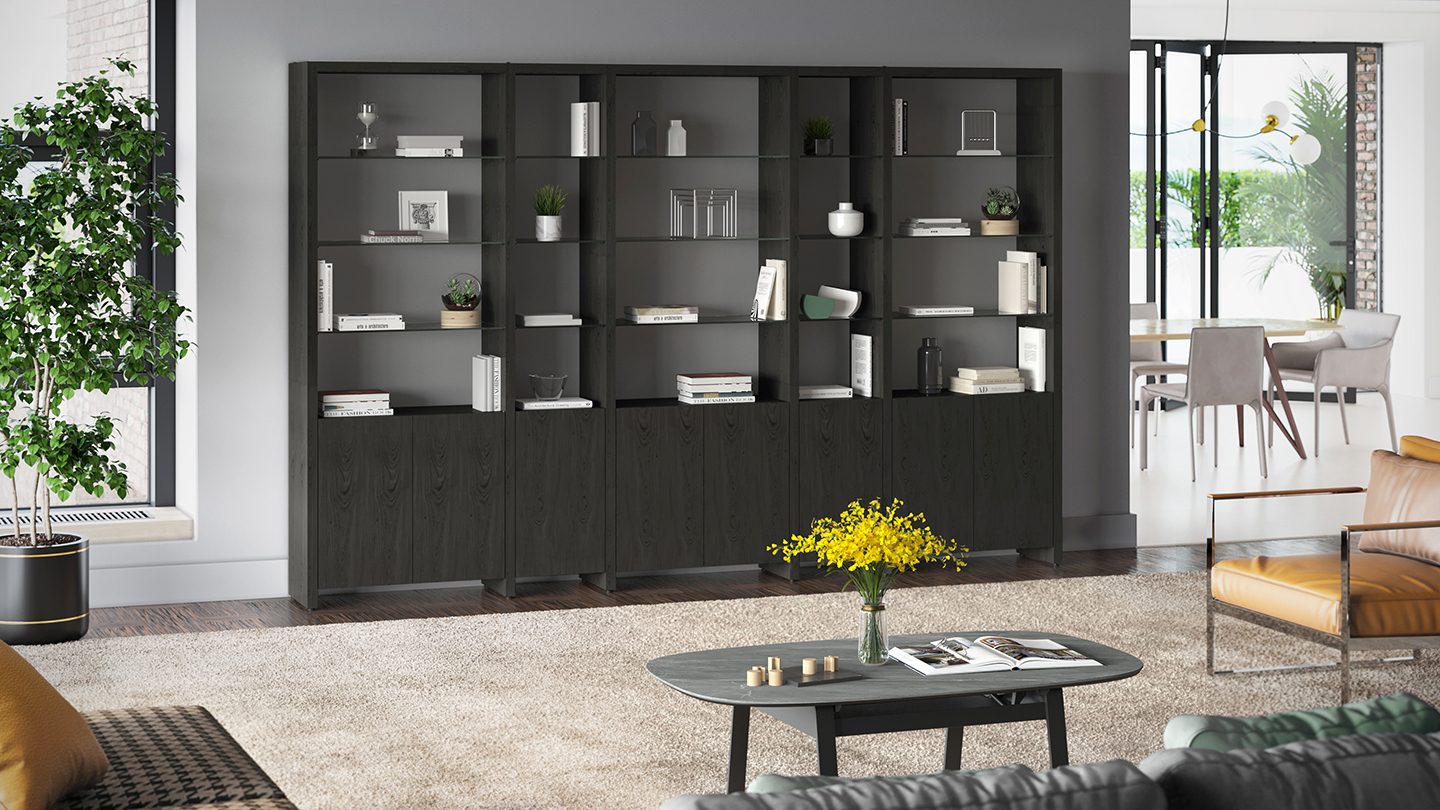 Linea modern shelves shelf system 5801 5802 BDI charcoal feature