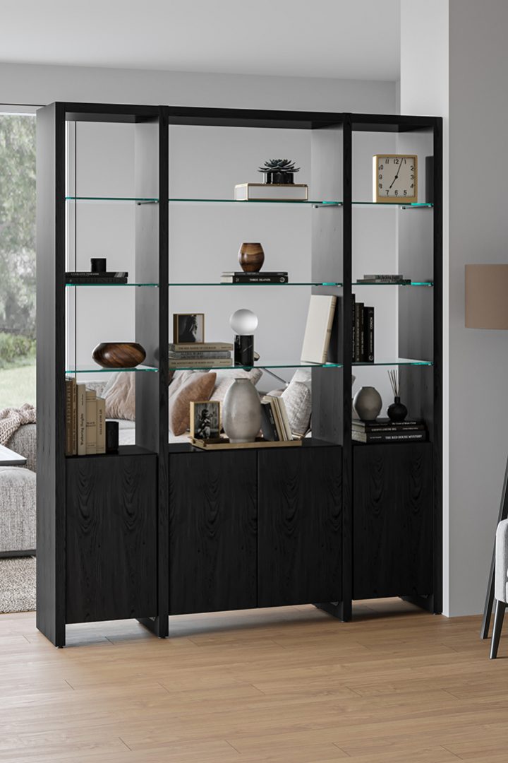 Making an ideal wall system, Linea Shelving can also be used to create a room divider, securely anchoring to a wall on one end.
