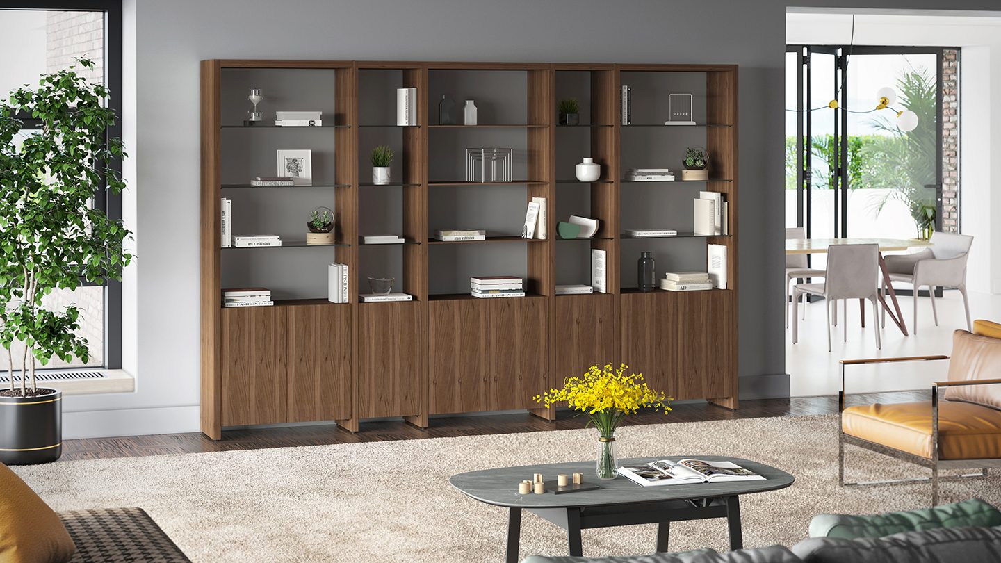 Linea shelves shelf system natural walnut BDI feature