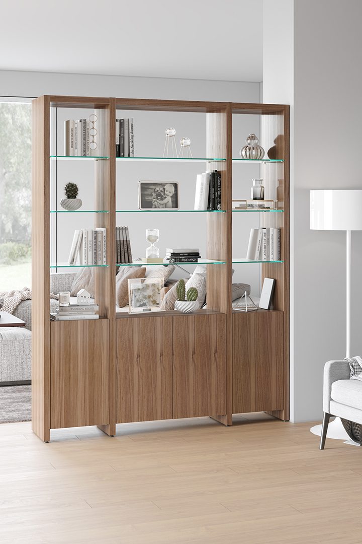 Making an ideal wall system, Linea Shelving can also be used to create a room divider, securely anchoring to a wall on one end.