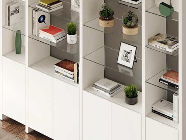 Linea's polished tempered glass shelves provide a clean and modern look while being durable enough to support a library of books and a lifetime of treasures.