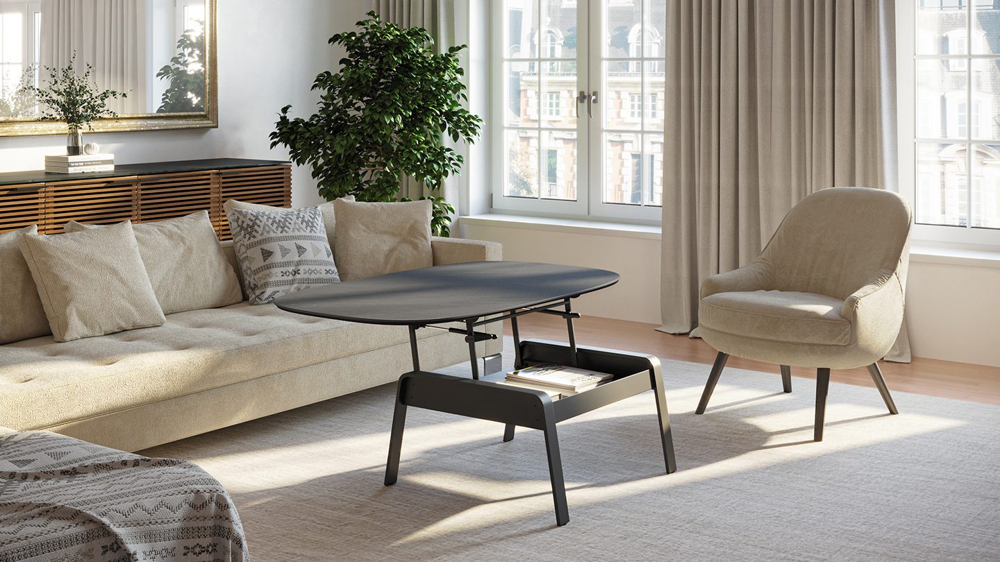 Cloud 9 lift top adjustable height coffee table BDI alto grey