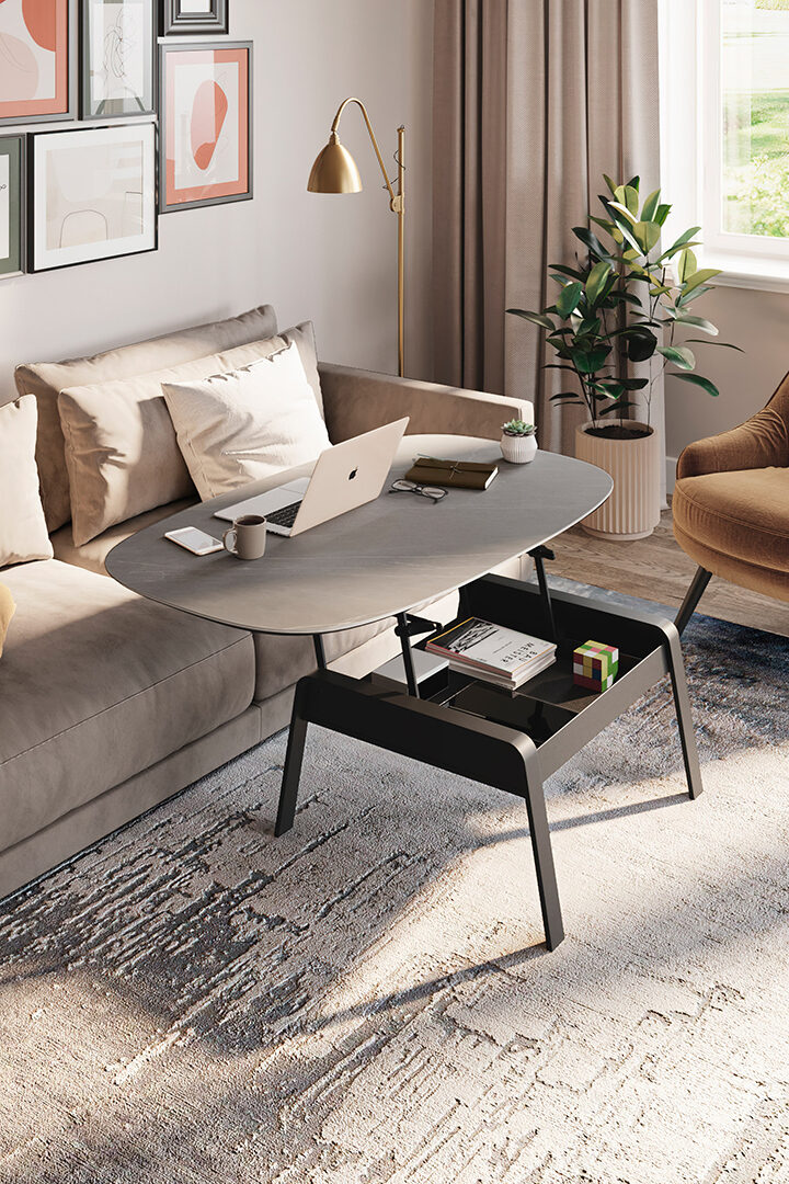 Hydraulic supports provide a wide range of motion that extends the reach of the Cloud 9 lift top coffee table, along with smooth operation during opening and closing.