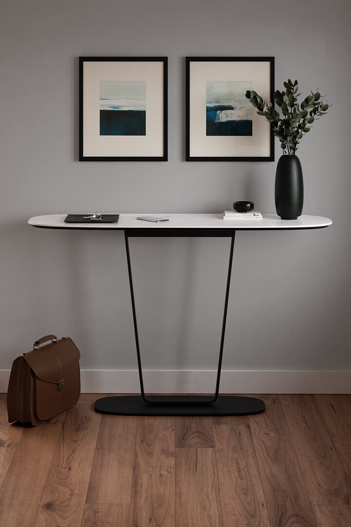 BDI Cloud 9 modern slim console table in Cirrus White finish.