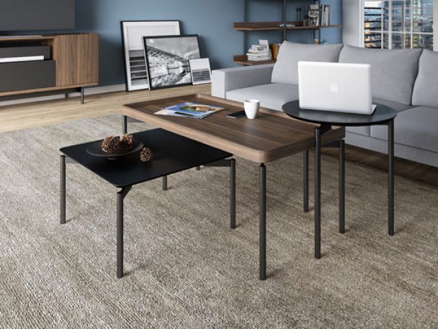 Intersect and overlap tables of distinct shapes, sizes, and materials with the Radius Table Collection by BDI, and create truly functional display spaces.