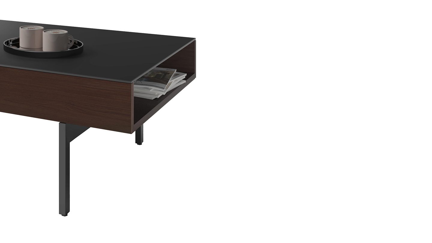 Reveal adjustable lift top coffee table glass charcoal bdi chocolate walnut left