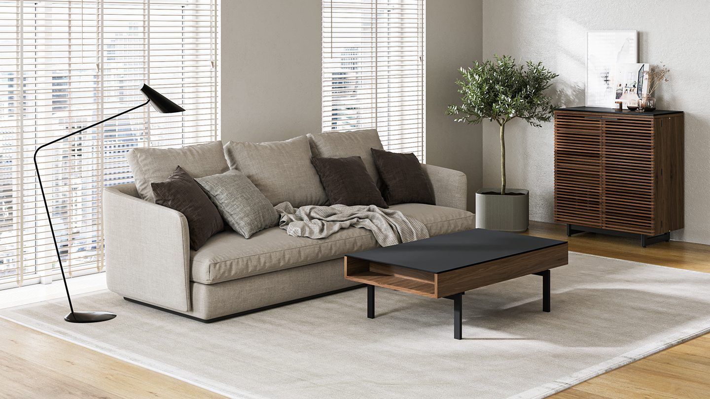 Reveal lift top coffee table BDI walnut corridor bar