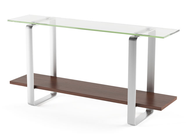 The Stream Console in walnut by BDI floating glass surface and lower shelf