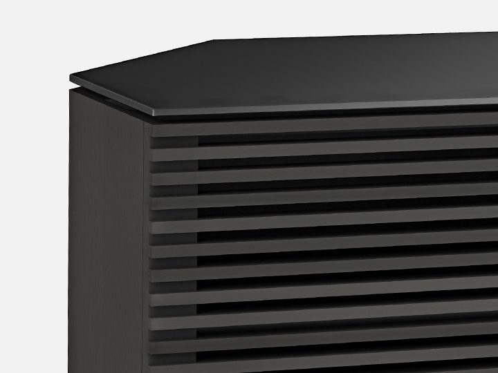 The Corridor Corner Media Cabinet in charcoal with beautiful ventilated louvered doors