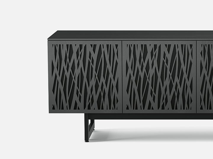 The Elements Storage Console in charcoal by BDI laser-cut doors with unique design