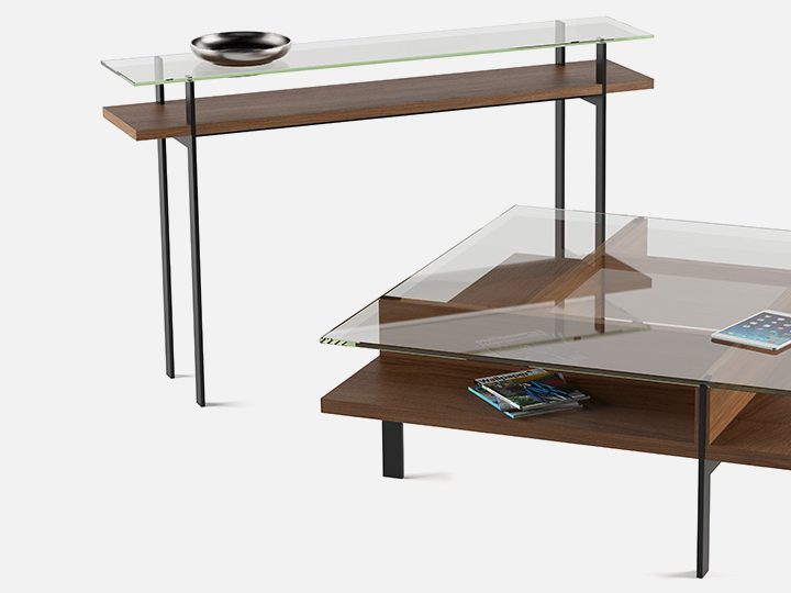 The Terrace Table Collection by BDI in walnut modern open storage tables