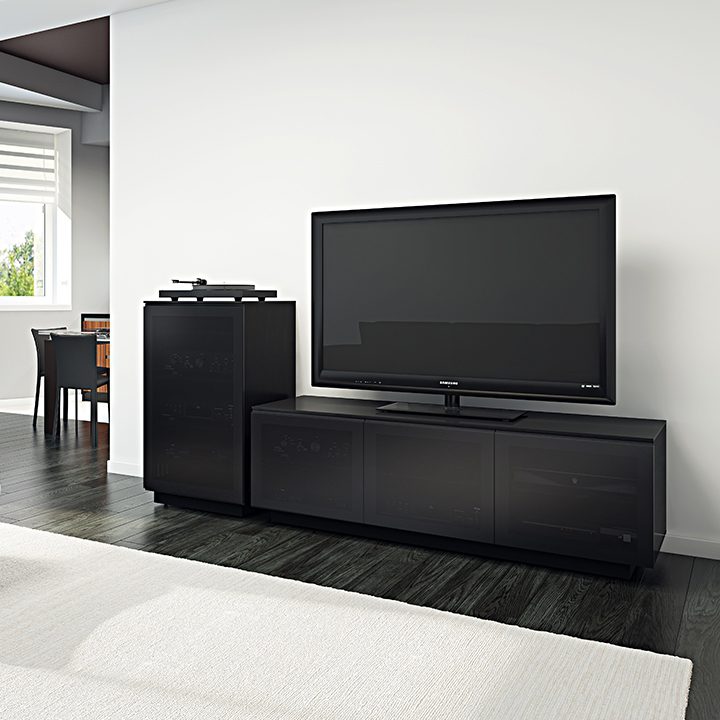 The modern Mirage Media Cabinet by BDI tinted grey doors and ample media storage